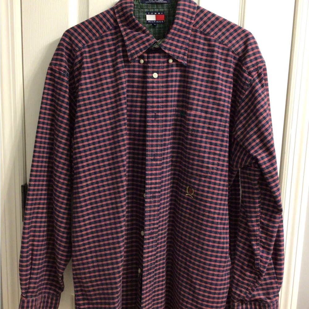 Tommy Hilfiger Men's Button Down Navy and Red Plaid Shirt